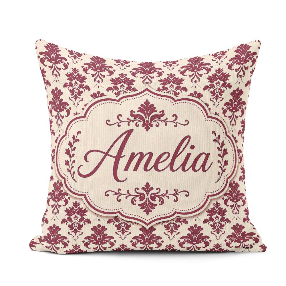 Custom Name Classic Burgundy Damask Cream Background Traditional Square Filled Cushion Throw Pillow Sofa Bed Home Decor Zip Washable UK Made