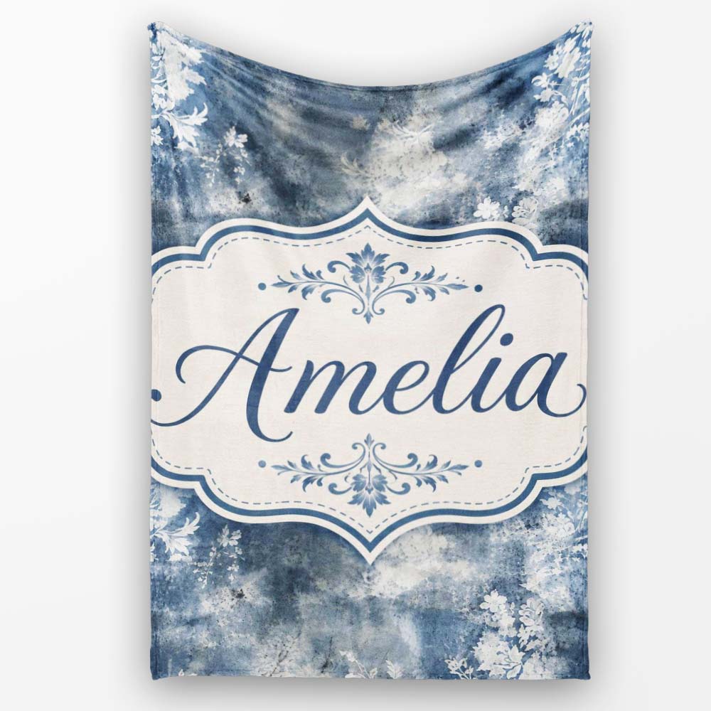 Vintage Blue Watercolour Floral Toile Seamless Pattern with Lovely  Personalised Custom Name Super Soft Fleece Blanket Bed Sofa Throw