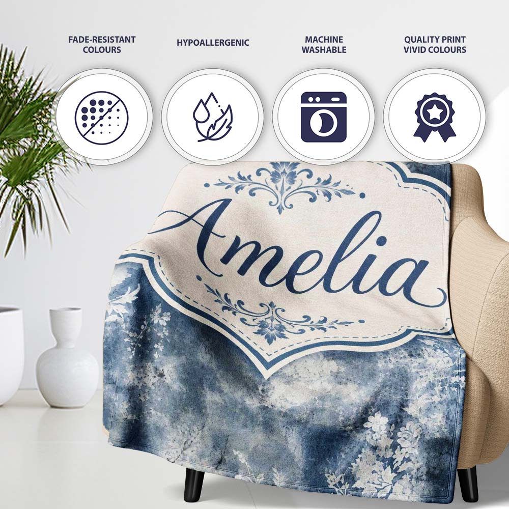 Vintage Blue Watercolour Floral Toile Seamless Pattern with Lovely  Personalised Custom Name Super Soft Fleece Blanket Bed Sofa Throw