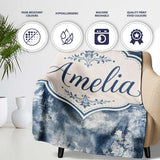 Vintage Blue Watercolour Floral Toile Seamless Pattern with Lovely  Personalised Custom Name Super Soft Fleece Blanket Bed Sofa Throw