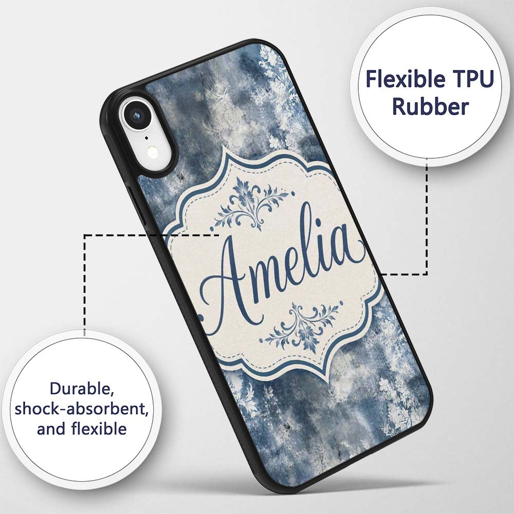 Vintage Blue Watercolour Floral Toile Seamless Custom Name Protective Phone Case Mobile Cover Durable Everyday Smartphone Shock Resistant