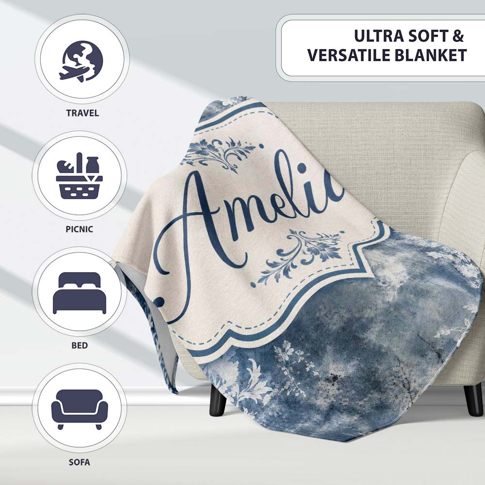 Vintage Blue Watercolour Floral Toile Seamless Pattern with Lovely  Personalised Custom Name Super Soft Fleece Blanket Bed Sofa Throw