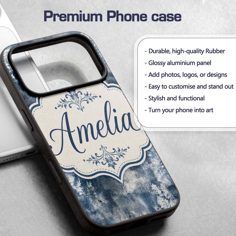 Vintage Blue Watercolour Floral Toile Seamless Custom Name Protective Phone Case Mobile Cover Durable Everyday Smartphone Shock Resistant