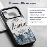 Vintage Blue Watercolour Floral Toile Seamless Custom Name Protective Phone Case Mobile Cover Durable Everyday Smartphone Shock Resistant