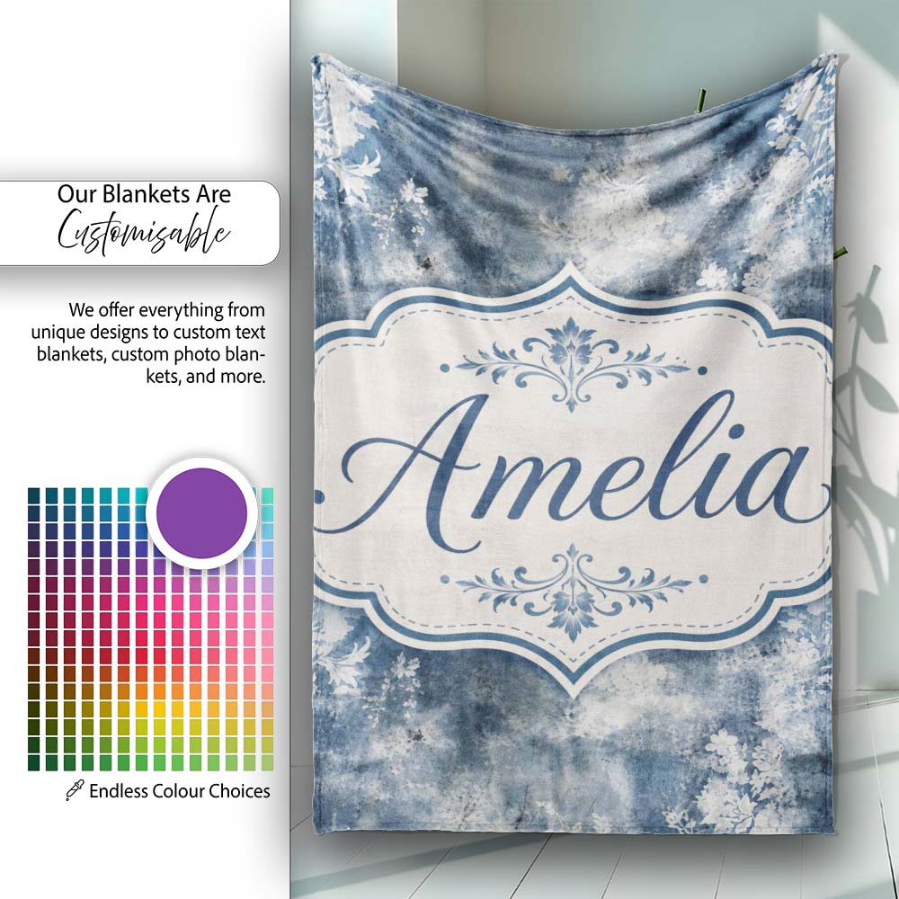 Vintage Blue Watercolour Floral Toile Seamless Pattern with Lovely  Personalised Custom Name Super Soft Fleece Blanket Bed Sofa Throw