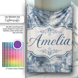 Vintage Blue Watercolour Floral Toile Seamless Pattern with Lovely  Personalised Custom Name Super Soft Fleece Blanket Bed Sofa Throw