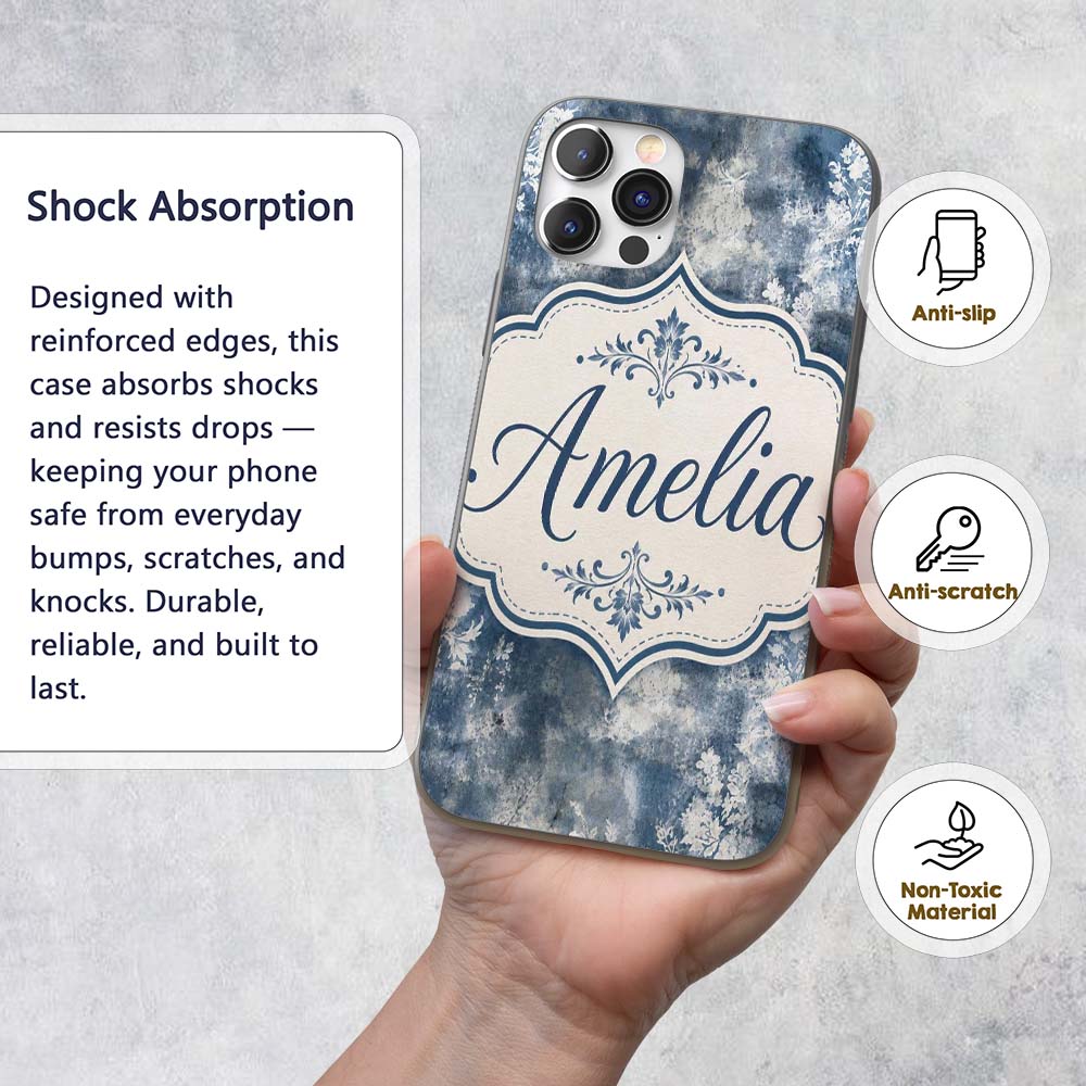 Vintage Blue Watercolour Floral Toile Seamless Custom Name Protective Phone Case Mobile Cover Durable Everyday Smartphone Shock Resistant