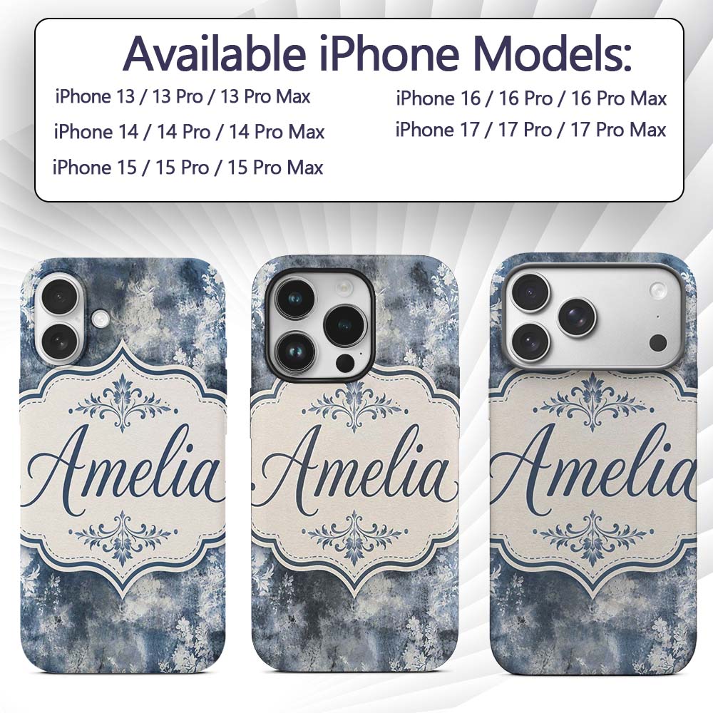 Vintage Blue Watercolour Floral Toile Seamless Custom Name Protective Phone Case Mobile Cover Durable Everyday Smartphone Shock Resistant