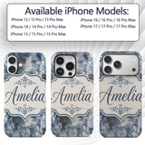 Vintage Blue Watercolour Floral Toile Seamless Custom Name Protective Phone Case Mobile Cover Durable Everyday Smartphone Shock Resistant