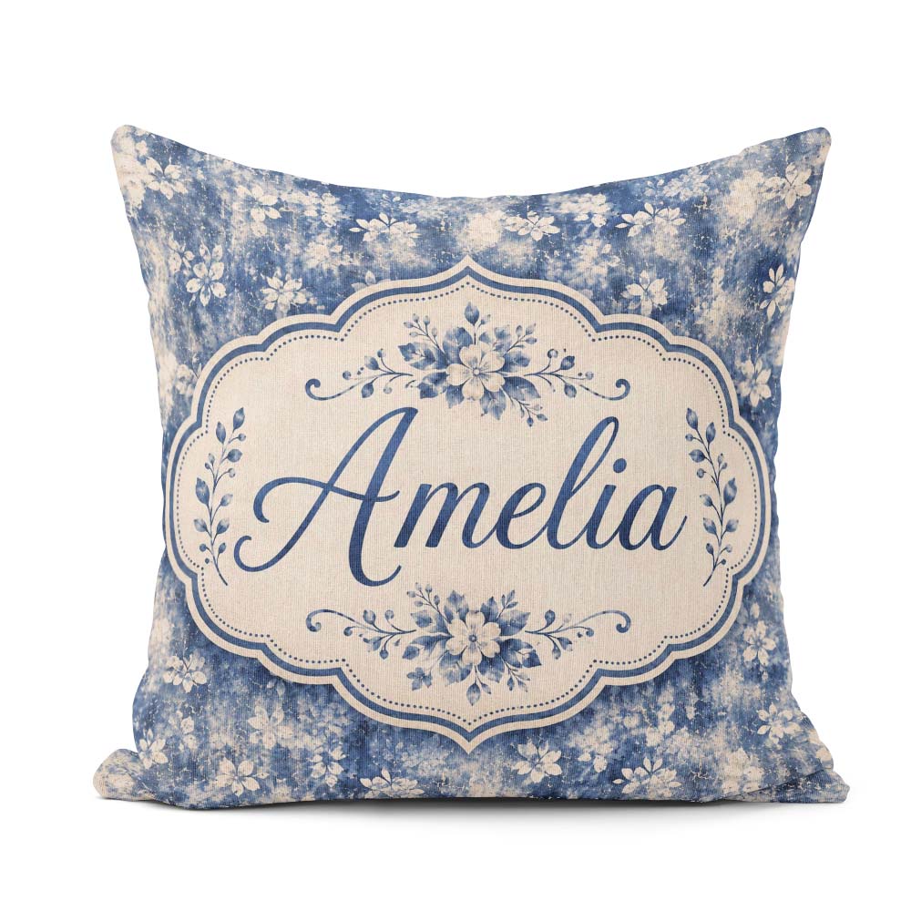 Custom Name Indigo Blue Abstract Floral Splash with Watercolour Square Filled Cushion Throw Pillow Sofa Bed Home Decor Zip Washable UK Made