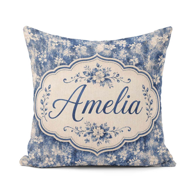 Custom Name Indigo Blue Abstract Floral Splash with Watercolour Square Filled Cushion Throw Pillow Sofa Bed Home Decor Zip Washable UK Made