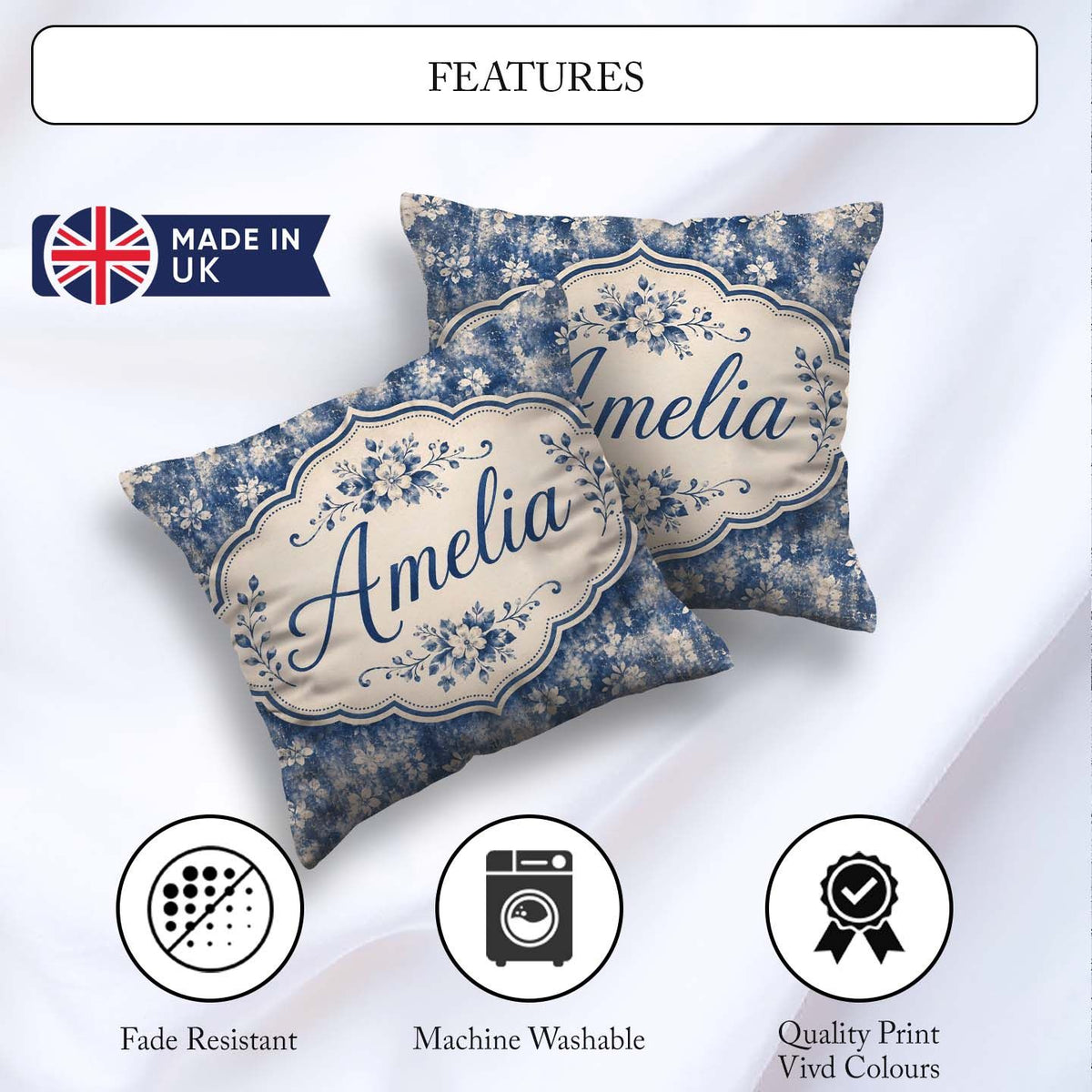 Custom Name Indigo Blue Abstract Floral Splash with Watercolour Square Filled Cushion Throw Pillow Sofa Bed Home Decor Zip Washable UK Made