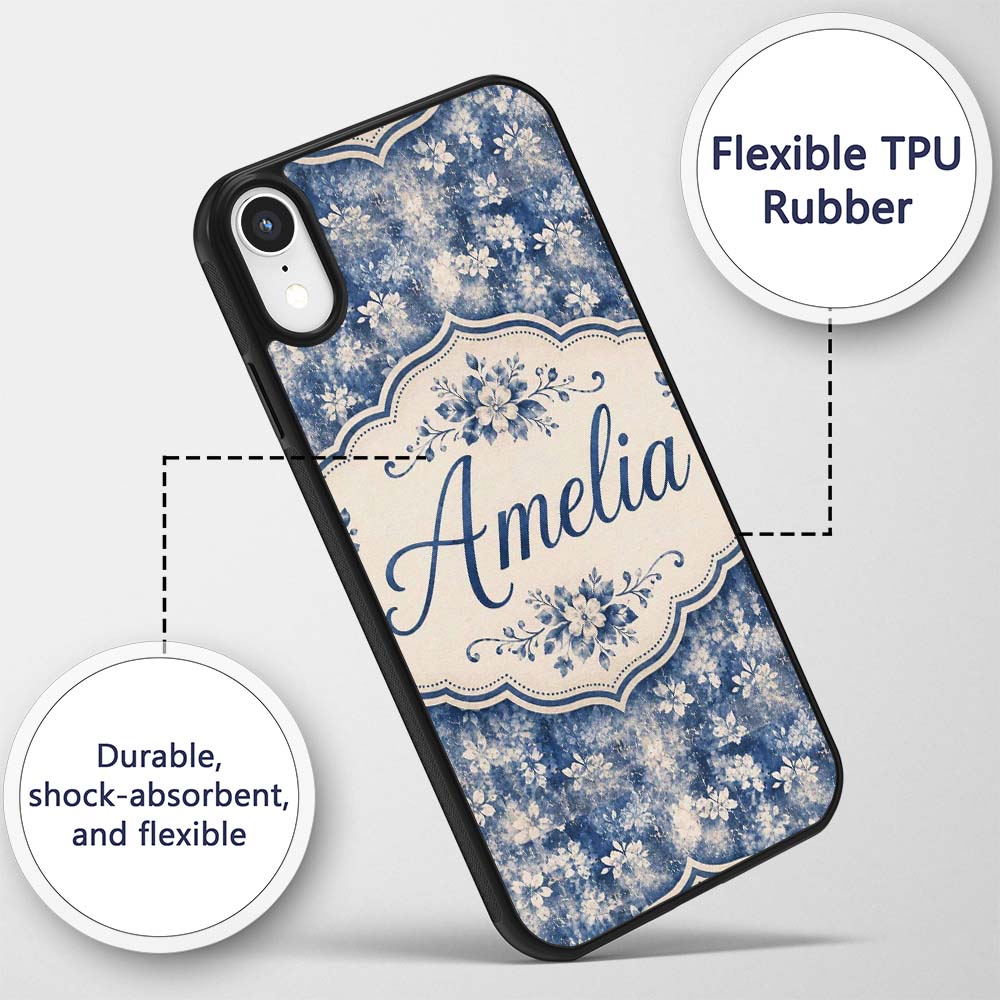 Indigo Blue Abstract Floral Splash Seamless with Custom Name Protective Phone Case Mobile Cover Durable Everyday Smartphone Shock Resistant