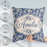 Custom Name Indigo Blue Abstract Floral Splash with Watercolour Square Filled Cushion Throw Pillow Sofa Bed Home Decor Zip Washable UK Made