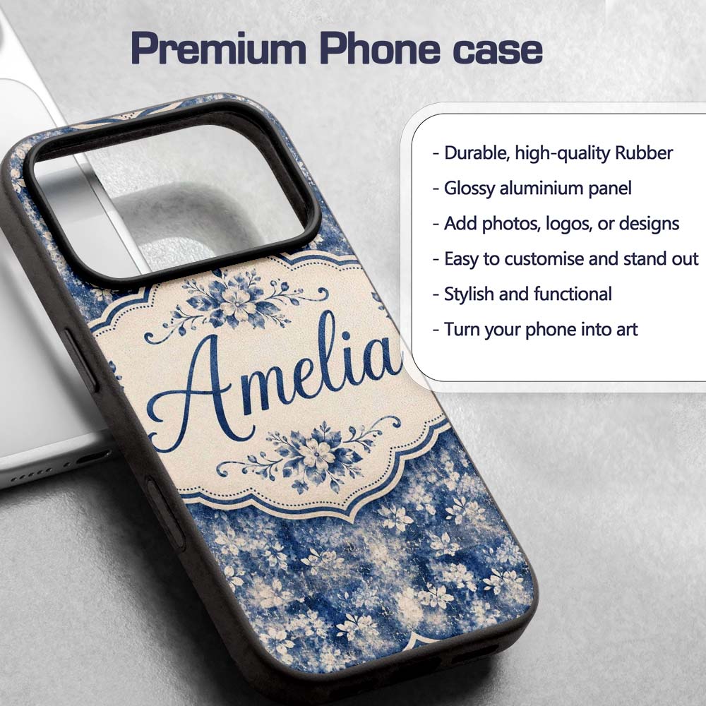 Indigo Blue Abstract Floral Splash Seamless with Custom Name Protective Phone Case Mobile Cover Durable Everyday Smartphone Shock Resistant
