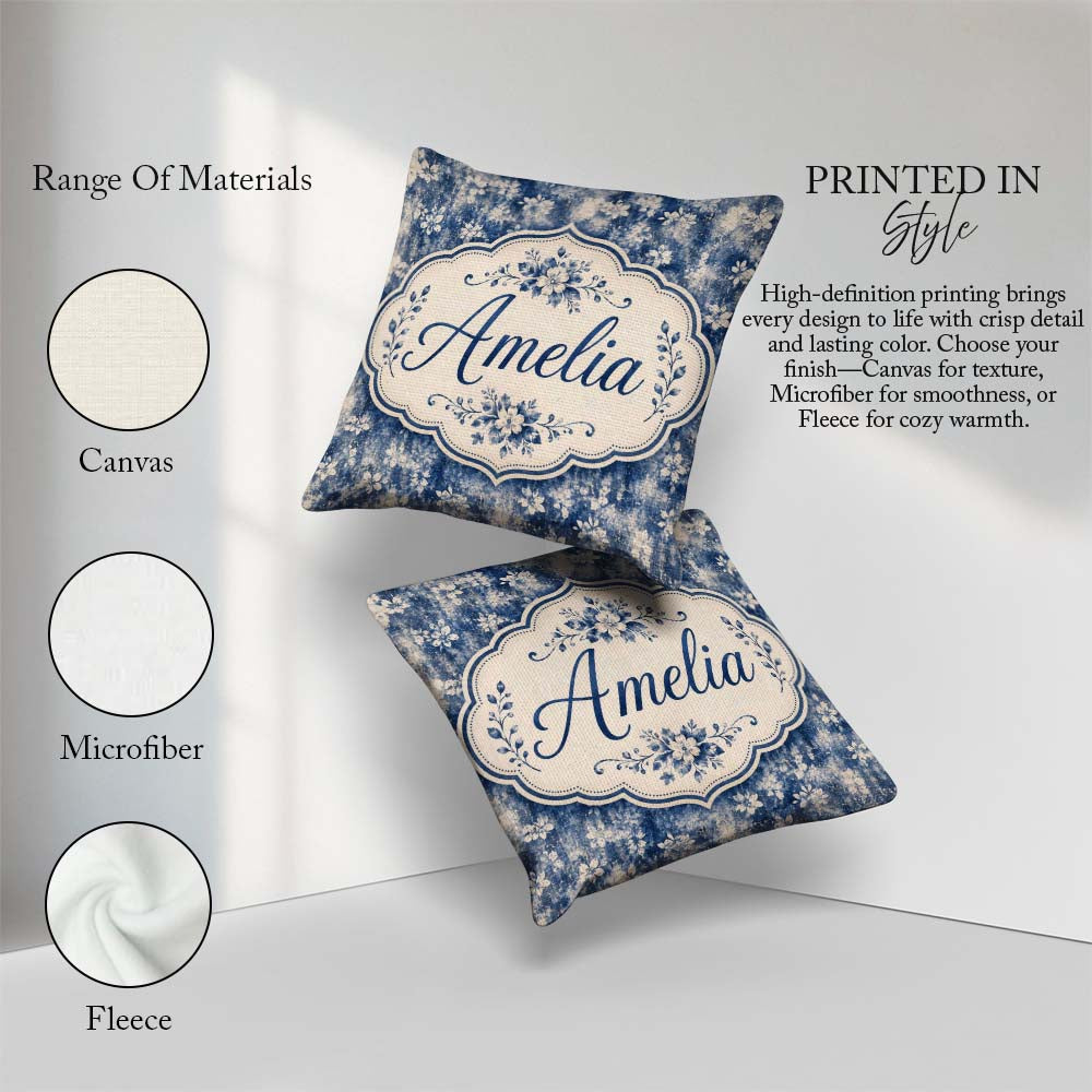 Custom Name Indigo Blue Abstract Floral Splash with Watercolour Square Filled Cushion Throw Pillow Sofa Bed Home Decor Zip Washable UK Made