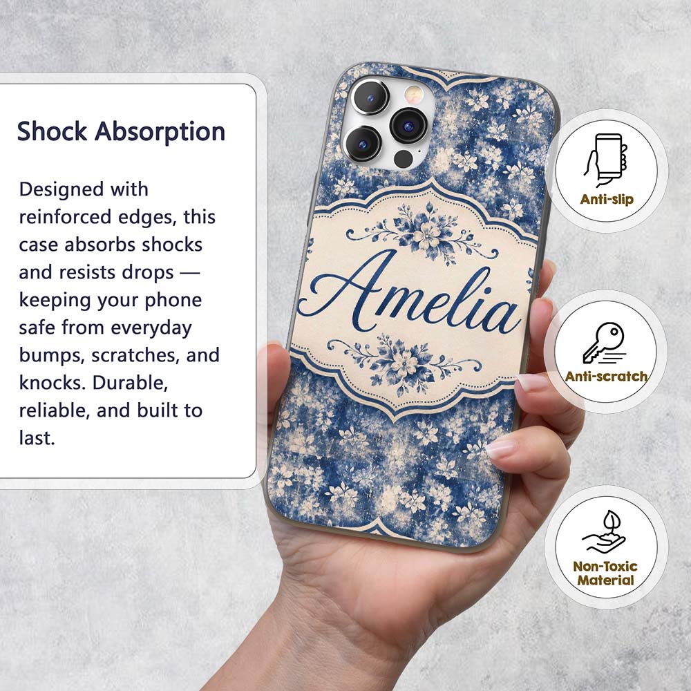 Indigo Blue Abstract Floral Splash Seamless with Custom Name Protective Phone Case Mobile Cover Durable Everyday Smartphone Shock Resistant