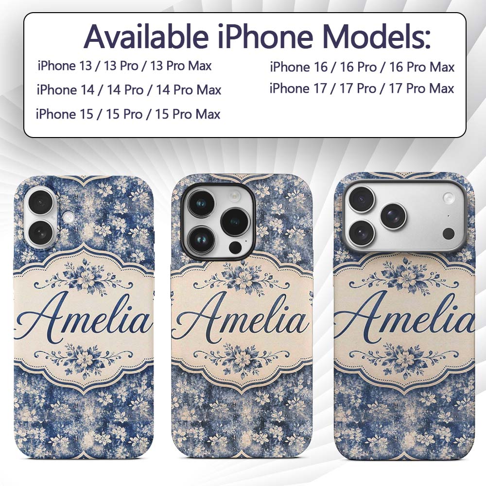 Indigo Blue Abstract Floral Splash Seamless with Custom Name Protective Phone Case Mobile Cover Durable Everyday Smartphone Shock Resistant