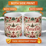 Personalized Custom Name Vintage Christmas Tree Ornament Candy Cane Seamless Pattern Lovely 11oz Ceramic Coffee Tea Mug White Large Handle
