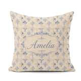 Custom Name French Blue Damask Motif Repeat on Aged Beige Lovely Square Filled Cushion Throw Pillow Sofa Bed Home Decor Zip Washable UK Made