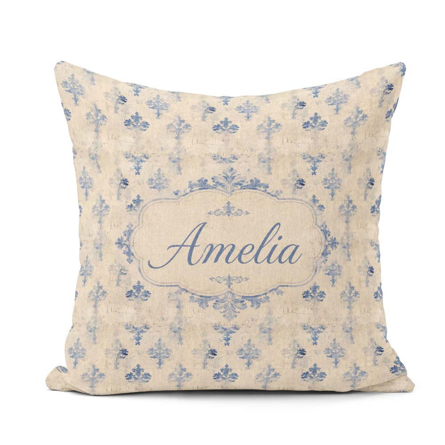 Custom Name French Blue Damask Motif Repeat on Aged Beige Lovely Square Filled Cushion Throw Pillow Sofa Bed Home Decor Zip Washable UK Made