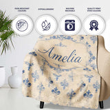 Classic French Blue Damask Motif Repeat Pattern on Aged Beige Lovely  Personalised Custom Name Super Soft Fleece Blanket Bed Sofa Throw