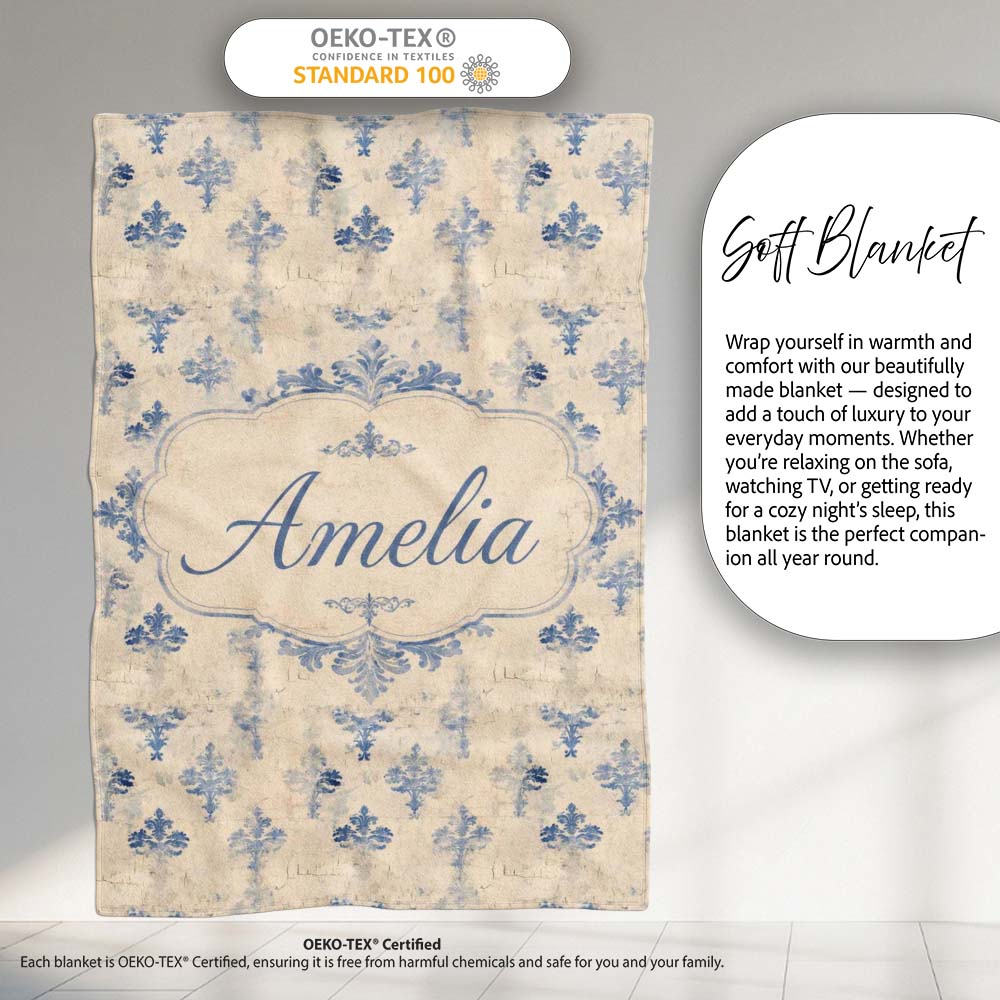 Classic French Blue Damask Motif Repeat Pattern on Aged Beige Lovely  Personalised Custom Name Super Soft Fleece Blanket Bed Sofa Throw