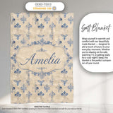 Classic French Blue Damask Motif Repeat Pattern on Aged Beige Lovely  Personalised Custom Name Super Soft Fleece Blanket Bed Sofa Throw