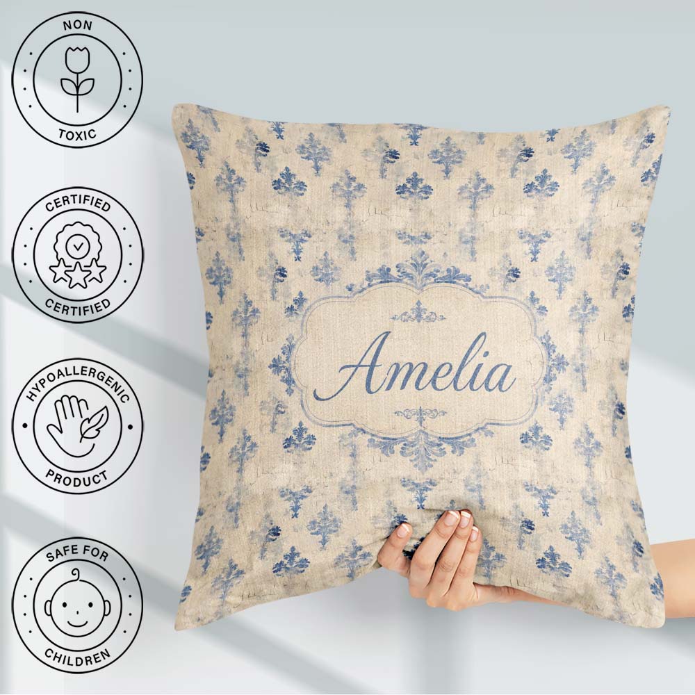 Custom Name French Blue Damask Motif Repeat on Aged Beige Lovely Square Filled Cushion Throw Pillow Sofa Bed Home Decor Zip Washable UK Made