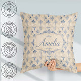 Custom Name French Blue Damask Motif Repeat on Aged Beige Lovely Square Filled Cushion Throw Pillow Sofa Bed Home Decor Zip Washable UK Made