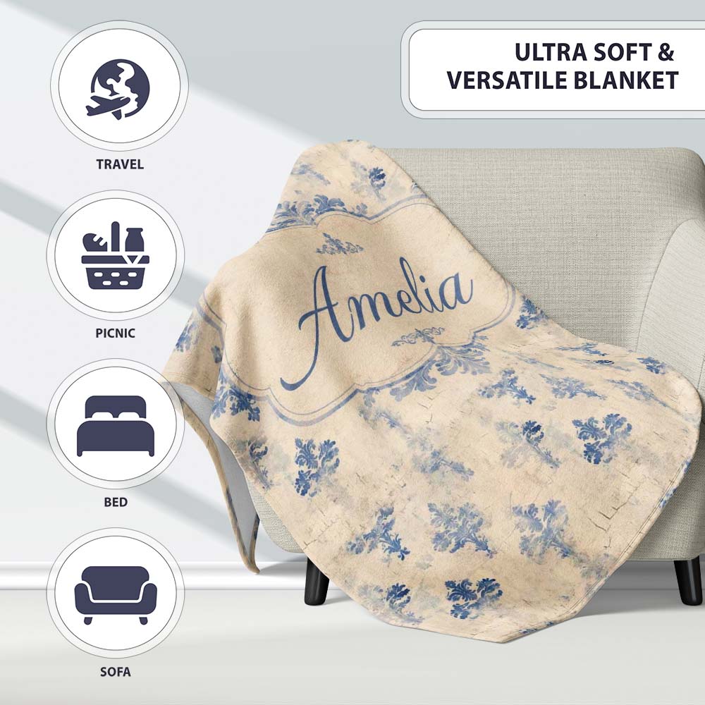 Classic French Blue Damask Motif Repeat Pattern on Aged Beige Lovely  Personalised Custom Name Super Soft Fleece Blanket Bed Sofa Throw