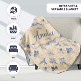 Classic French Blue Damask Motif Repeat Pattern on Aged Beige Lovely  Personalised Custom Name Super Soft Fleece Blanket Bed Sofa Throw