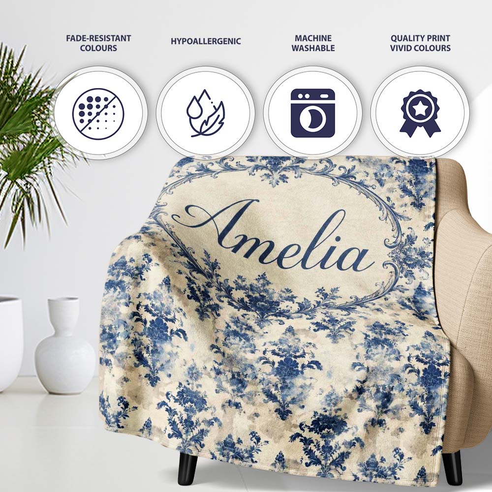 Elegant Blue Vintage Floral Damask on Textured Neutral Background  Personalised Custom Name Super Soft Fleece Blanket Bed Sofa Throw