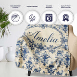 Elegant Blue Vintage Floral Damask on Textured Neutral Background  Personalised Custom Name Super Soft Fleece Blanket Bed Sofa Throw