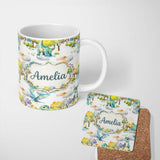 Personalized Custom Name Watercolor Cute Baby Dinosaur Forest Seamless Pattern Lovely 11oz Ceramic Coffee Tea Mug White Large Handle
