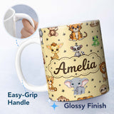 Personalized Custom Name Cute Cartoon Safari Animals with Stars on Warm Beige Background 11oz Ceramic Coffee Tea Mug White Large Handle