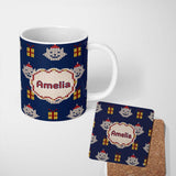 Personalized Custom Name Blue Knitted Christmas Ornament Gift Seamless Pattern Lovely 11oz Ceramic Coffee Tea Mug White Large Handle