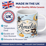 Personalized Custom Name Halloween Witch Cats Moon Stars Spooky Night Blue Seamless Pattern 11oz Ceramic Coffee Tea Mug White Large Handle