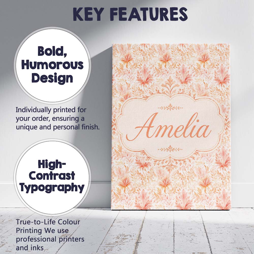 Personalised Name Elegant Floral Botanical Custom  Bespoke Contemporary Statement Canvas Wall Art Print Decor Picture Ready to Hang