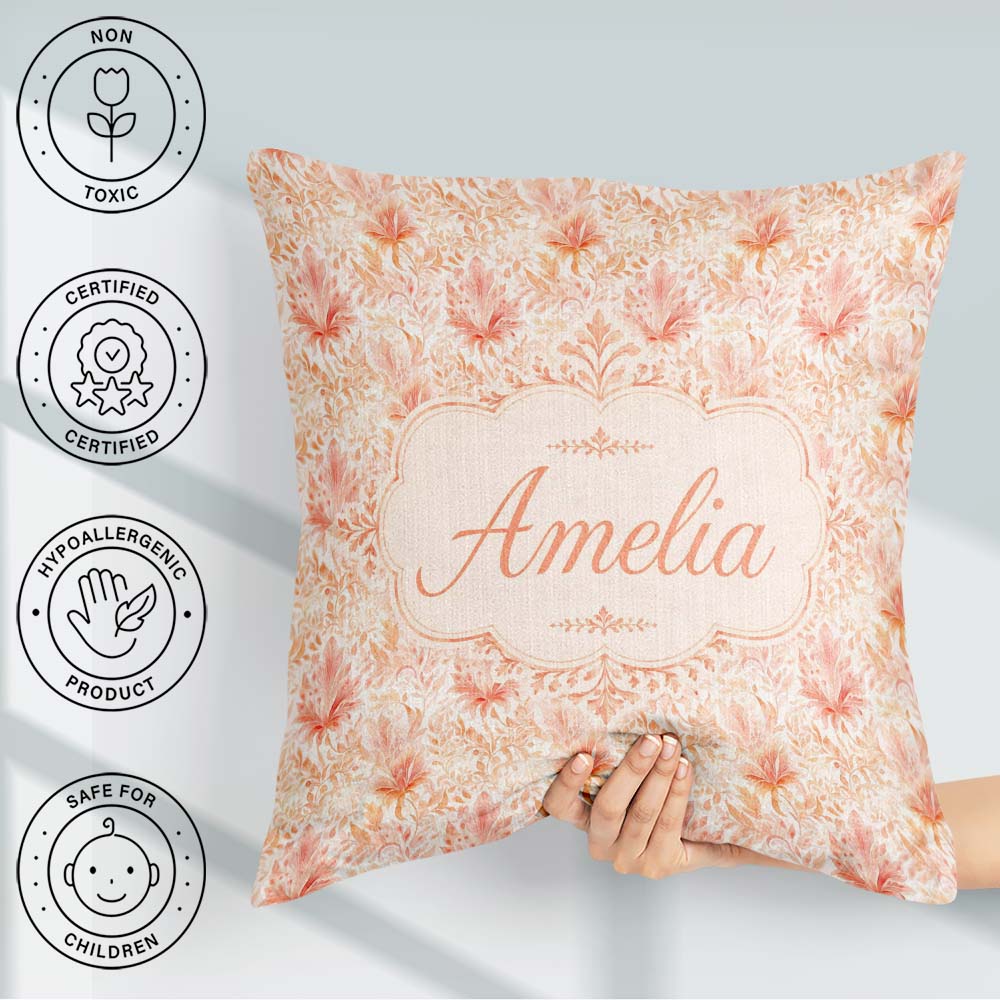 Custom Name Elegant Floral with Soft Peach Blossoms and Delicate Square Filled Cushion Throw Pillow Sofa Bed Home Decor Zip Washable UK Made
