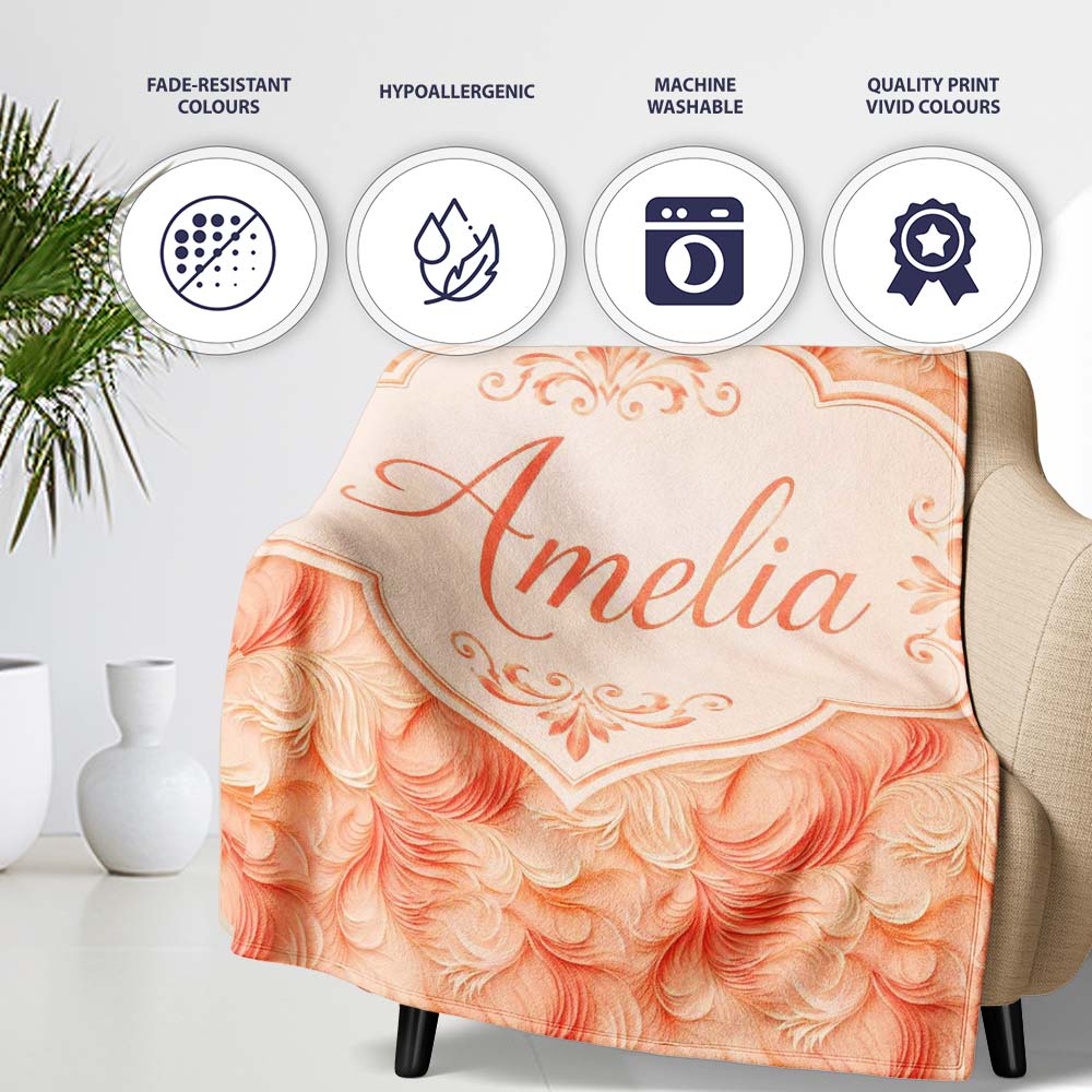 Abstract Feather Swirl in Soft Coral and Cream Flowing Texture  Personalised Custom Name Super Soft Fleece Blanket Bed Sofa Throw