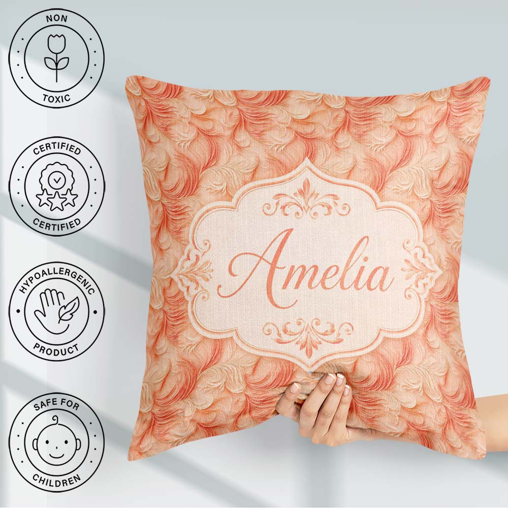 Custom Name Abstract Feather Swirl in Soft Coral Flowing Texture Square Filled Cushion Throw Pillow Sofa Bed Home Decor Zip Washable UK Made
