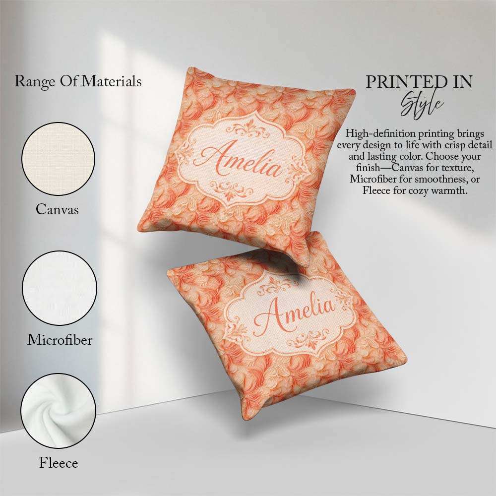 Custom Name Abstract Feather Swirl in Soft Coral Flowing Texture Square Filled Cushion Throw Pillow Sofa Bed Home Decor Zip Washable UK Made