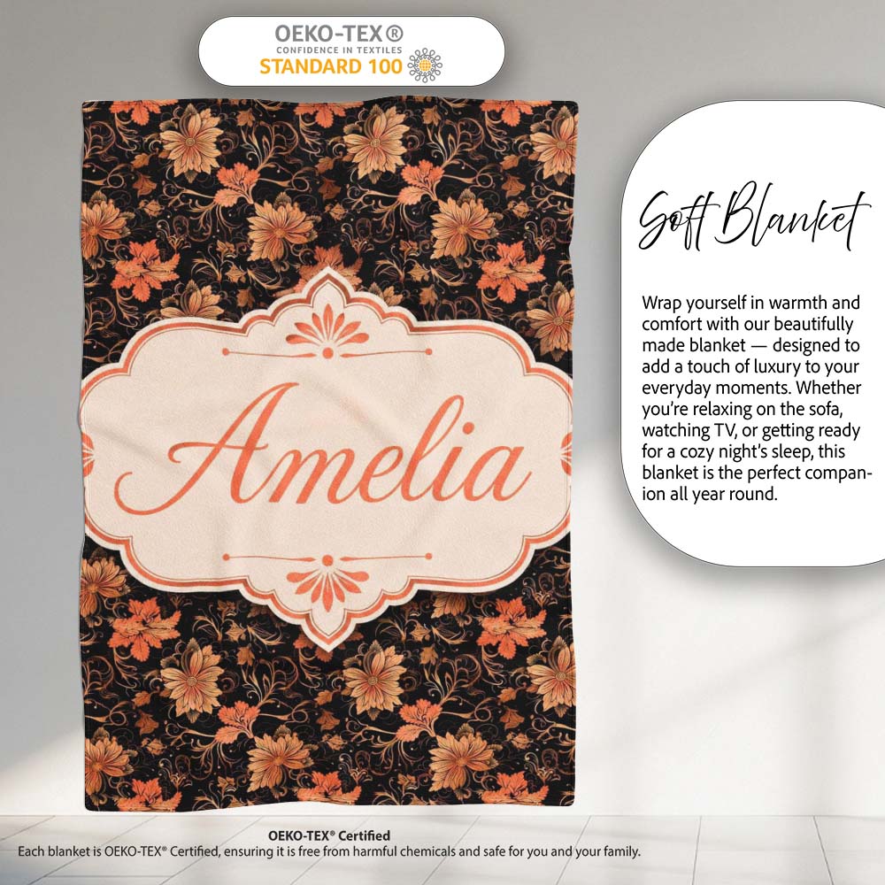 Vintage Floral Vine in Warm Peach and Black Elegant Botanical Design  Personalised Custom Name Super Soft Fleece Blanket Bed Sofa Throw