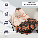 Vintage Floral Vine in Warm Peach and Black Elegant Botanical Design  Personalised Custom Name Super Soft Fleece Blanket Bed Sofa Throw