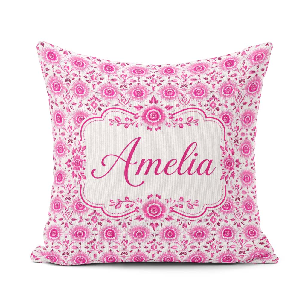 Custom Name Bright Pink Floral Folk Art with Decorative Blossoms Square Filled Cushion Throw Pillow Sofa Bed Home Decor Zip Washable UK Made