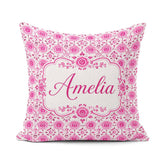 Custom Name Bright Pink Floral Folk Art with Decorative Blossoms Square Filled Cushion Throw Pillow Sofa Bed Home Decor Zip Washable UK Made