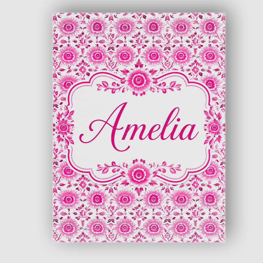 Personalised Name Bright Pink Floral Folk Custom  Unique Gift Idea Elegant Feature Canvas Wall Art Print Decor Picture Ready to Hang