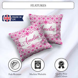 Custom Name Bright Pink Floral Folk Art with Decorative Blossoms Square Filled Cushion Throw Pillow Sofa Bed Home Decor Zip Washable UK Made