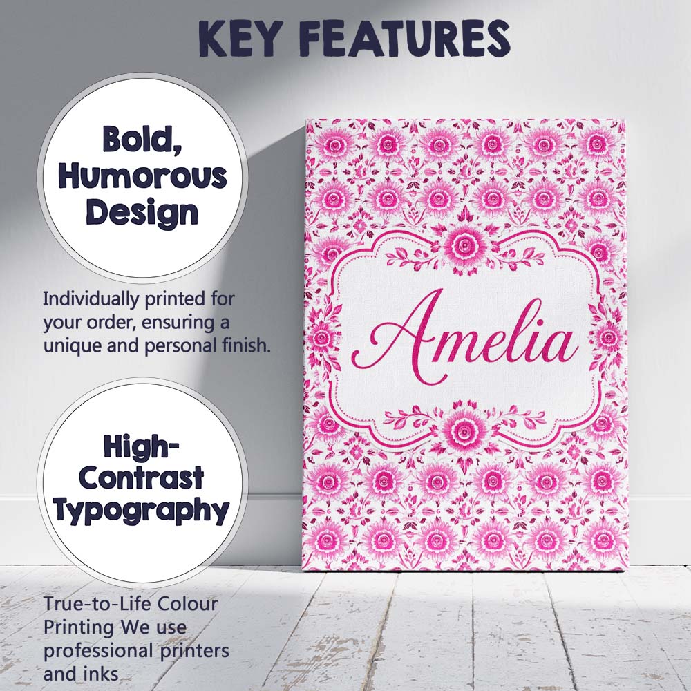 Personalised Name Bright Pink Floral Folk Custom  Unique Gift Idea Elegant Feature Canvas Wall Art Print Decor Picture Ready to Hang